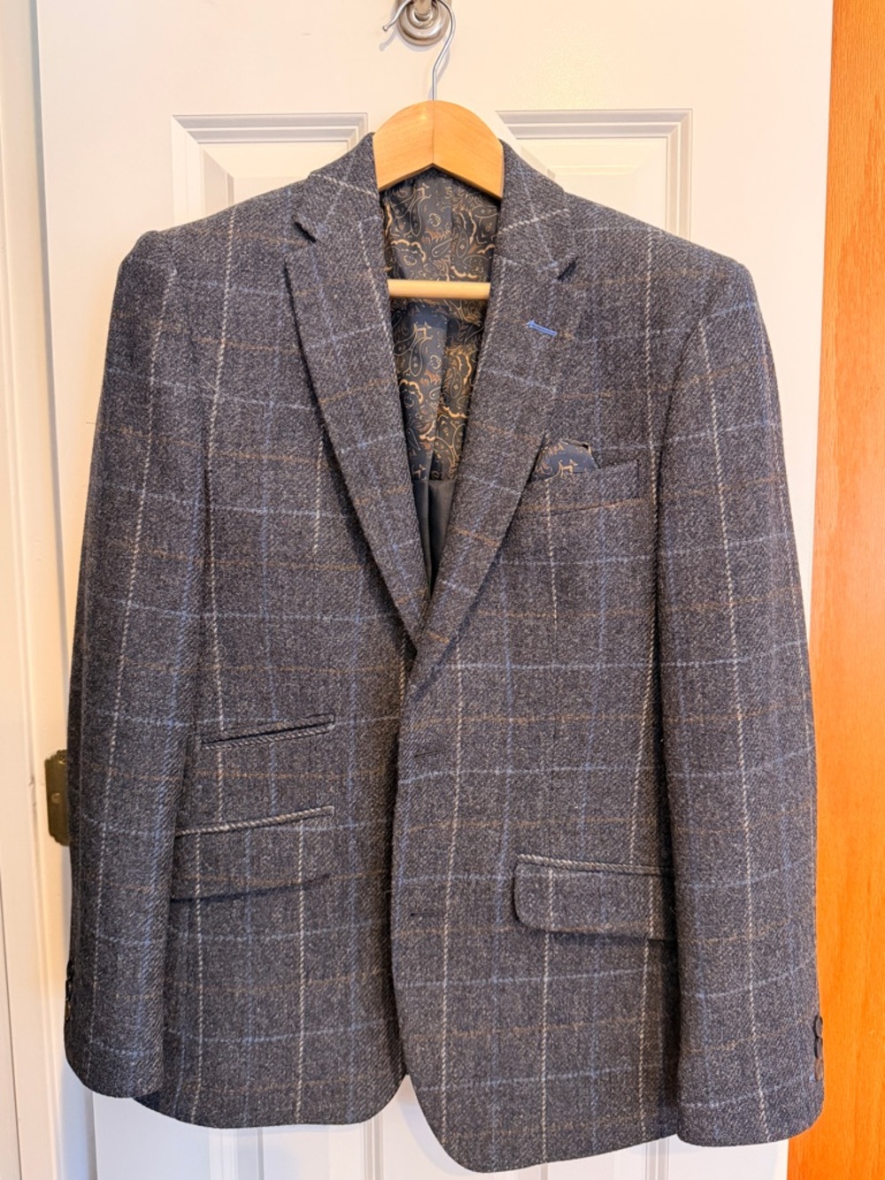Men's Navy Windowpane Wool Blazer - Tailored Fit 36R